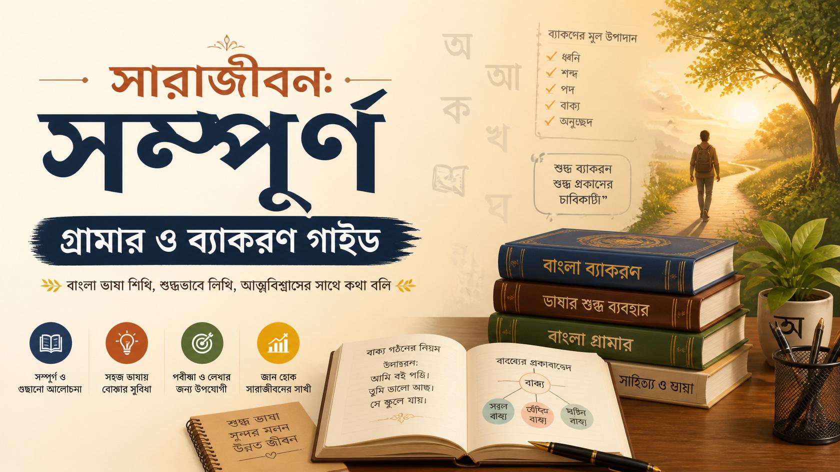 Feature Image For Blog Post Titled সারাজীবন সম্পূর্ণ গ্রামার ও ব্যাকরণ গাইড Educational Theme With Bengali Text Elements Grammar Books Learning Symbols Lifelong Education3